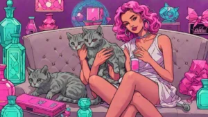 An adult woman cuddling a grey tabby kitten next to luxury perfume bottles.