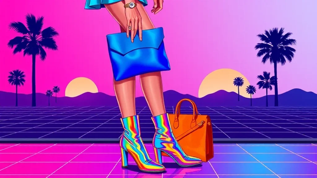 A woman holding a blue satin clutch and wearing vibrant metallic rainbow boots.