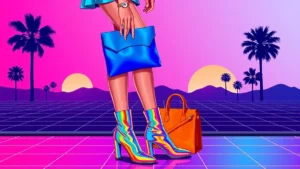 A woman holding a blue satin clutch and wearing vibrant metallic rainbow boots.