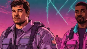 Kyle Chandler and Aaron Pierre as gritty space detectives in a dark landscape.