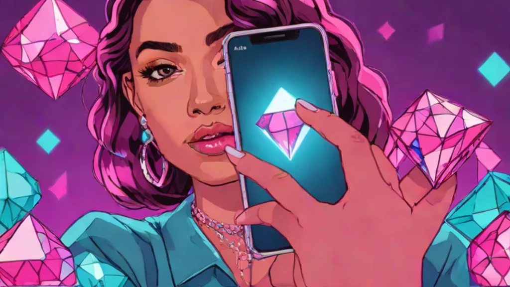 A person viewing a live diamond auction on a smartphone with loose gemstones nearby.