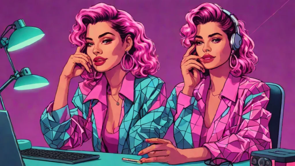 A stylish adult woman sitting at a desk preparing to answer birthday questions on her phone.