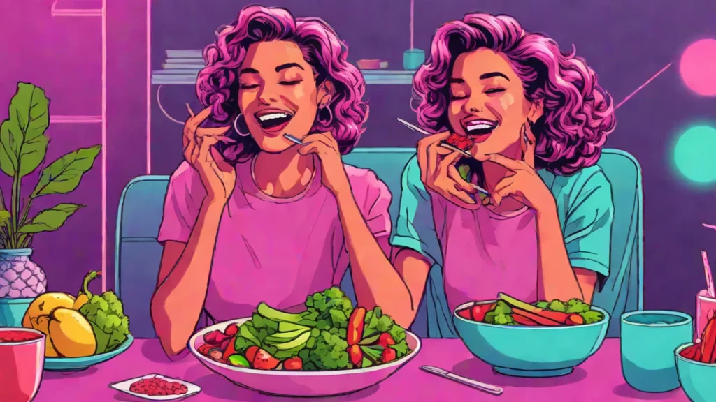 A happy adult woman enjoying a nutritious meal of fresh fruits and vegetables for skin health.