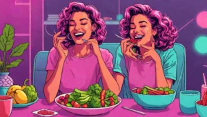 A happy adult woman enjoying a nutritious meal of fresh fruits and vegetables for skin health.