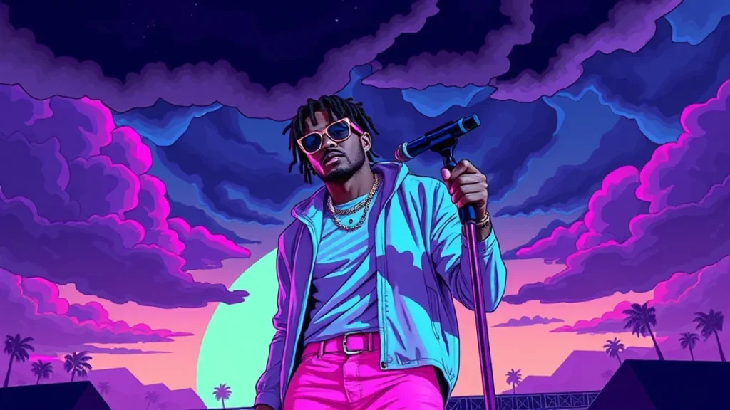 Lil Uzi Vert performing music on a stage under a stormy sky.
