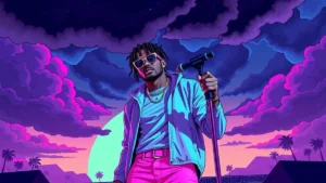 Lil Uzi Vert performing music on a stage under a stormy sky.