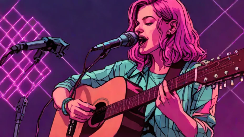 An adult female musician performing with an acoustic guitar on a stage.