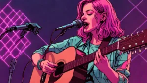 An adult female musician performing with an acoustic guitar on a stage.
