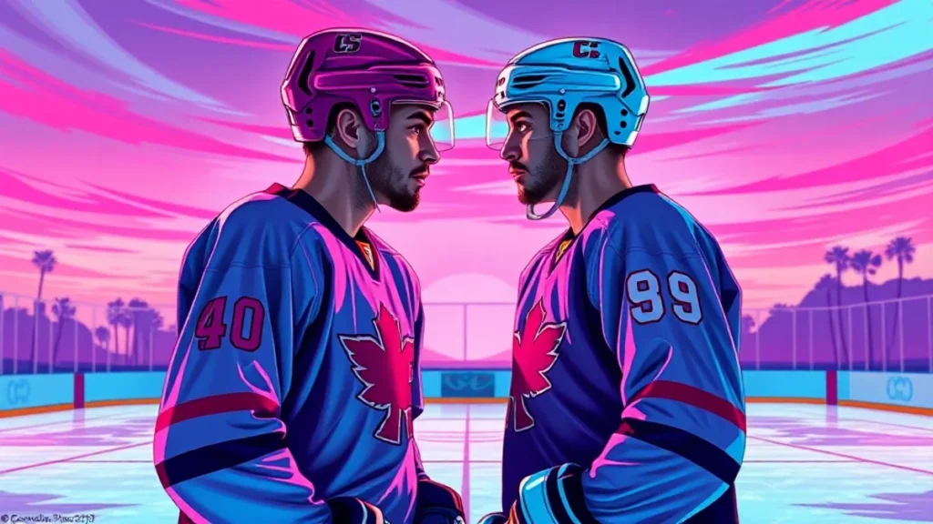Two male hockey players in uniform facing each other on an ice rink.