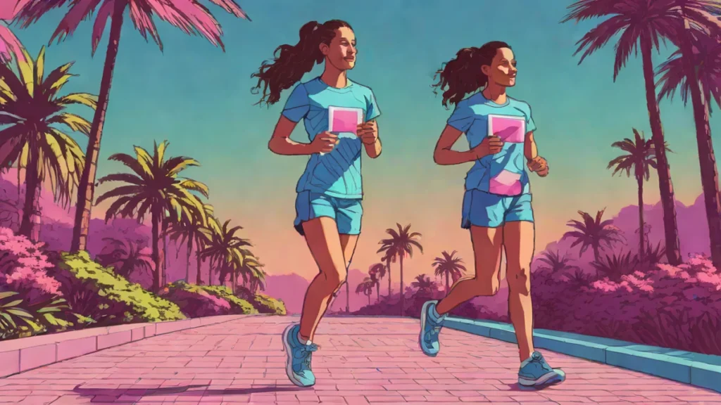 A female runner wearing blue Lululemon performance gear during a half marathon race.