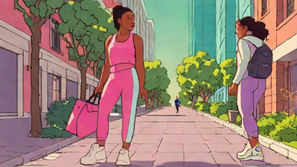 A woman wearing a colorful retro-style tracksuit and carrying a large bag on a college campus.