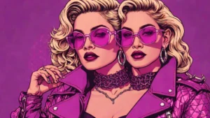 A fashionable woman wearing a pink lace corset and purple leather jacket.