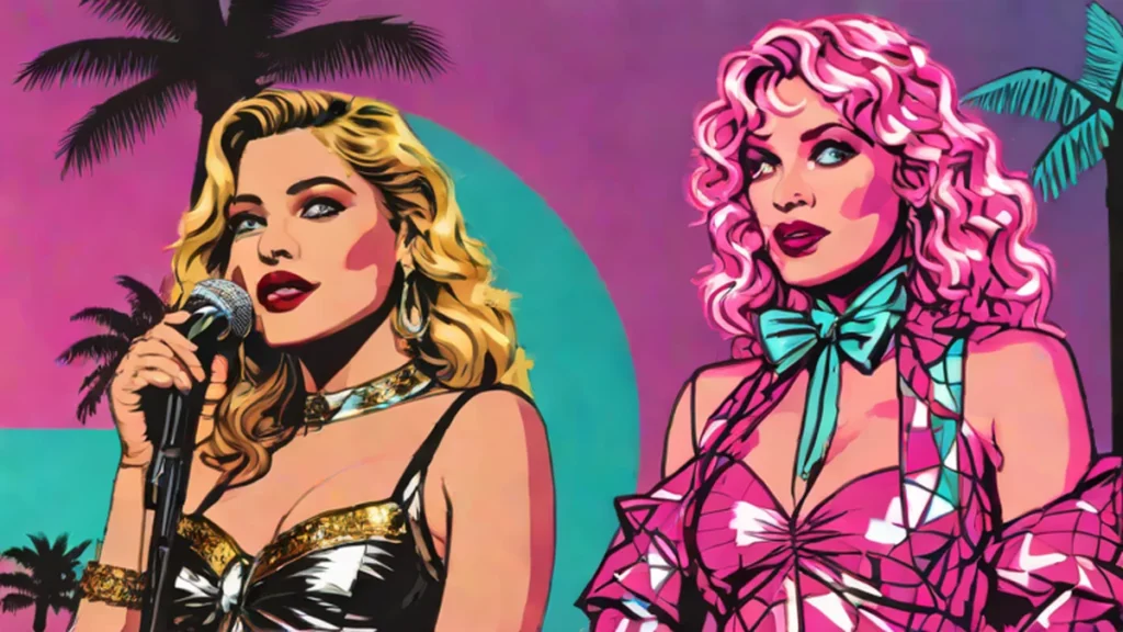 Split image of music legends Madonna and Taylor Swift performing on a concert stage.
