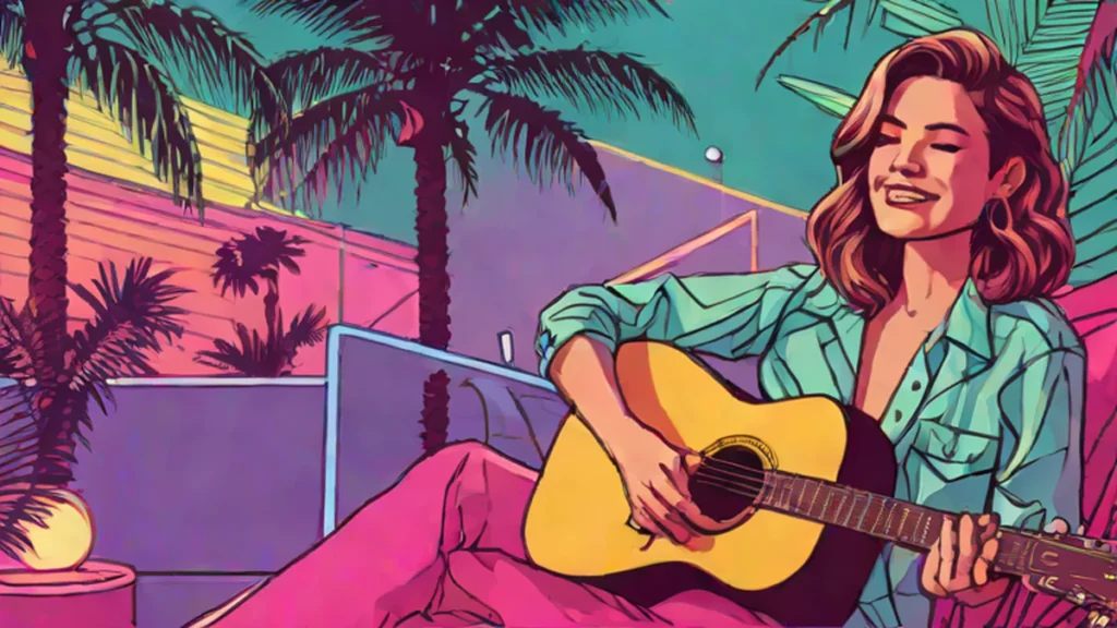 A smiling adult woman sitting comfortably and playing an acoustic guitar in a relaxed setting.