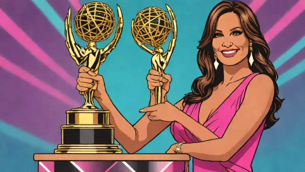 An elegant woman in a formal gown standing near an Emmy Award trophy.