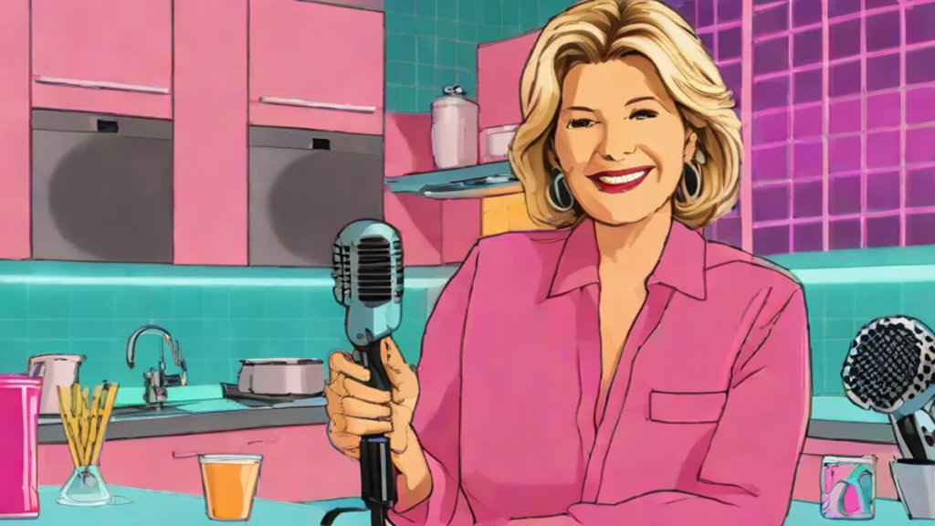Martha Stewart smiling in a modern kitchen with professional podcast equipment nearby.