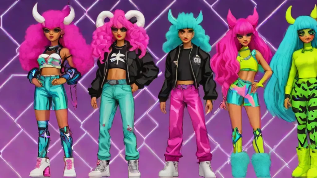 A collection of highly detailed KPop inspired fashion dolls in musical performance outfits.