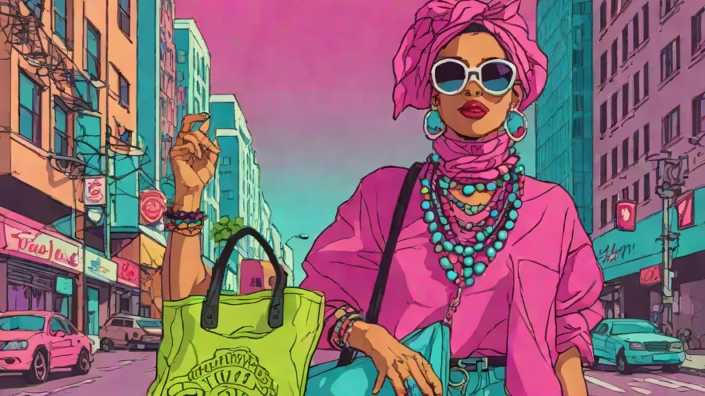 A stylish woman wearing beaded jewelry, a patterned bandana, and carrying a large tote bag.