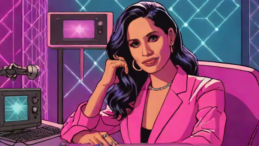 A sophisticated woman resembling Meghan Markle posing in a professional cinematic filming environment.