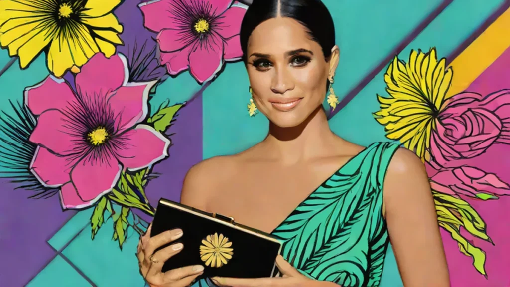 Meghan Markle wearing a one-shoulder dress and carrying a sleek black designer clutch bag.