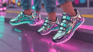 Close up of a woman wearing shiny silver metallic sneakers with velcro closures on a city street.