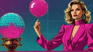 Michelle Pfeiffer wearing a vibrant raspberry red velvet ensemble with balloon sleeves.