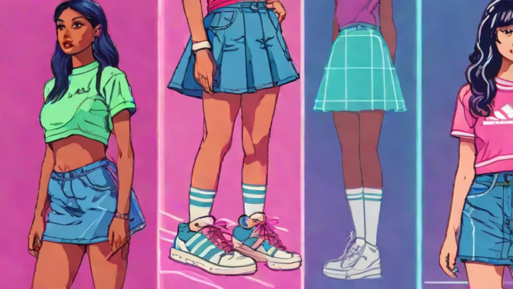A stylish woman wearing a micro denim skirt and trendy sneakers for back to school fashion.
