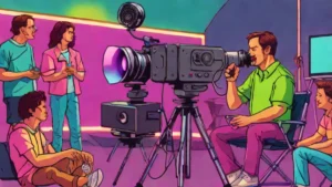 A film director working on a movie set with cameras and actors during production.