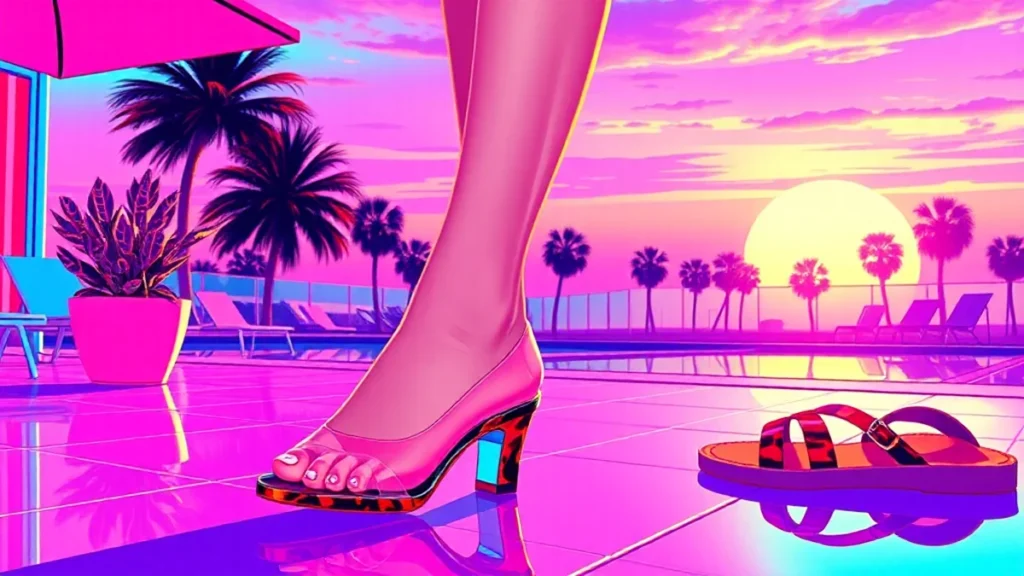 A close up of an adult woman wearing chic transparent jelly mules on a sunny day.