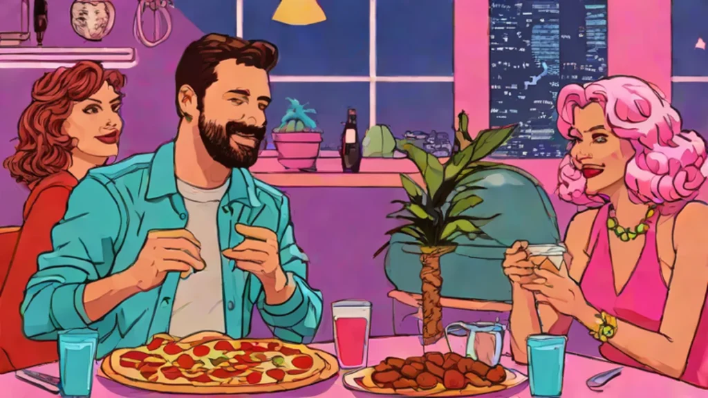 A man and woman sharing a romantic meal featuring various favorite foods like pizza and pasta.