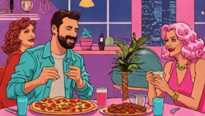 A man and woman sharing a romantic meal featuring various favorite foods like pizza and pasta.