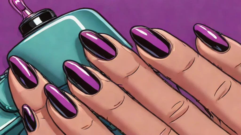 Close up of hands featuring deep black cherry and espresso brown nail polish with a glossy finish.