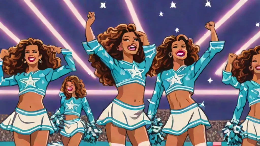 Professional cheerleaders in blue and white uniforms performing a high-energy routine in a football stadium.