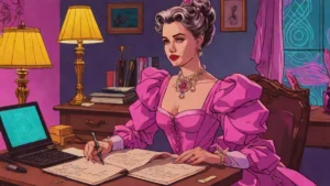 A woman in period clothing writing with a quill pen at a vintage desk.