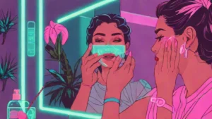 An adult woman applying prescription acne medication gel to her skin in front of a mirror.
