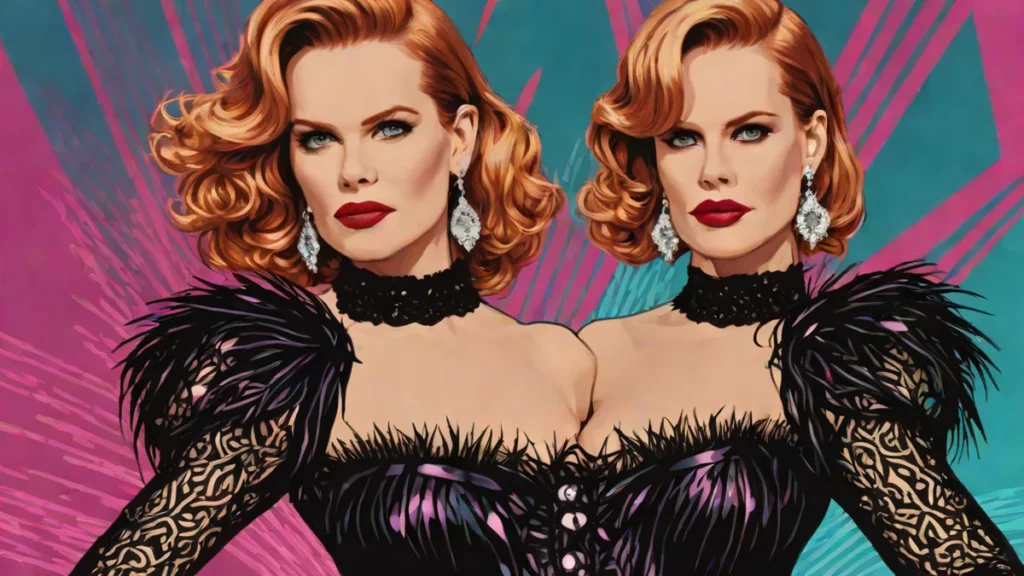 Nicole Kidman wearing a black Dolce & Gabbana corset dress and feathered coat in a music video.