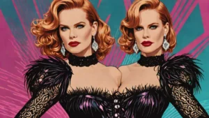 Nicole Kidman wearing a black Dolce & Gabbana corset dress and feathered coat in a music video.