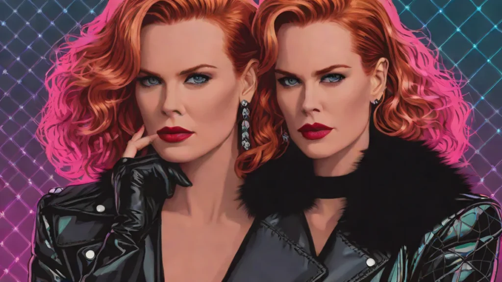 Mature woman with red hair wearing a black leather dress and fur coat.