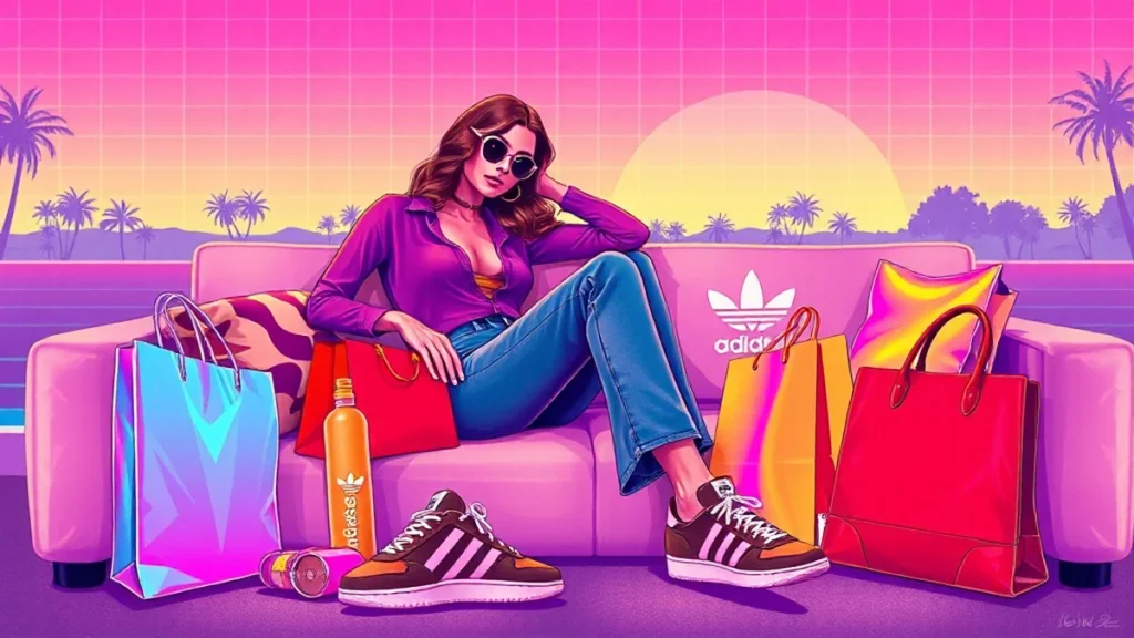 A woman surrounded by trendy fashion items including Adidas Sambas and designer handbags.