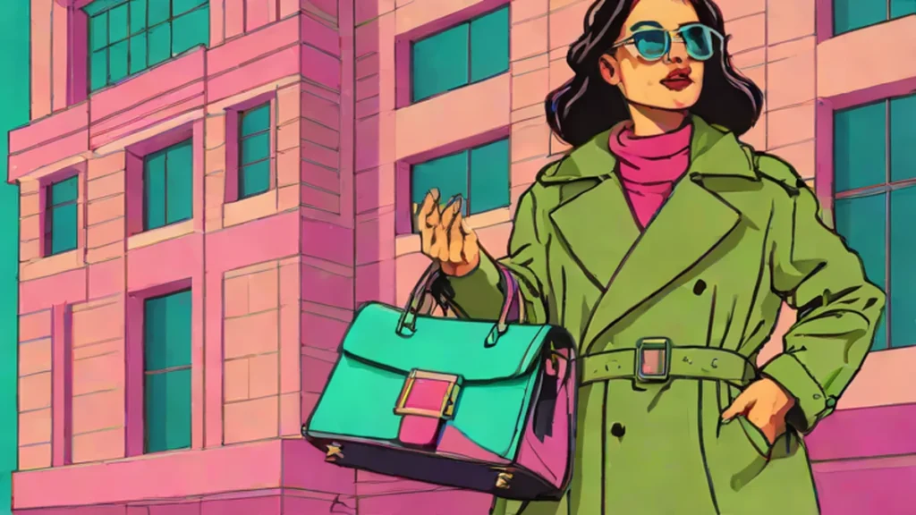 Stylish woman wearing an olive green trench coat and carrying a matching suede handbag.