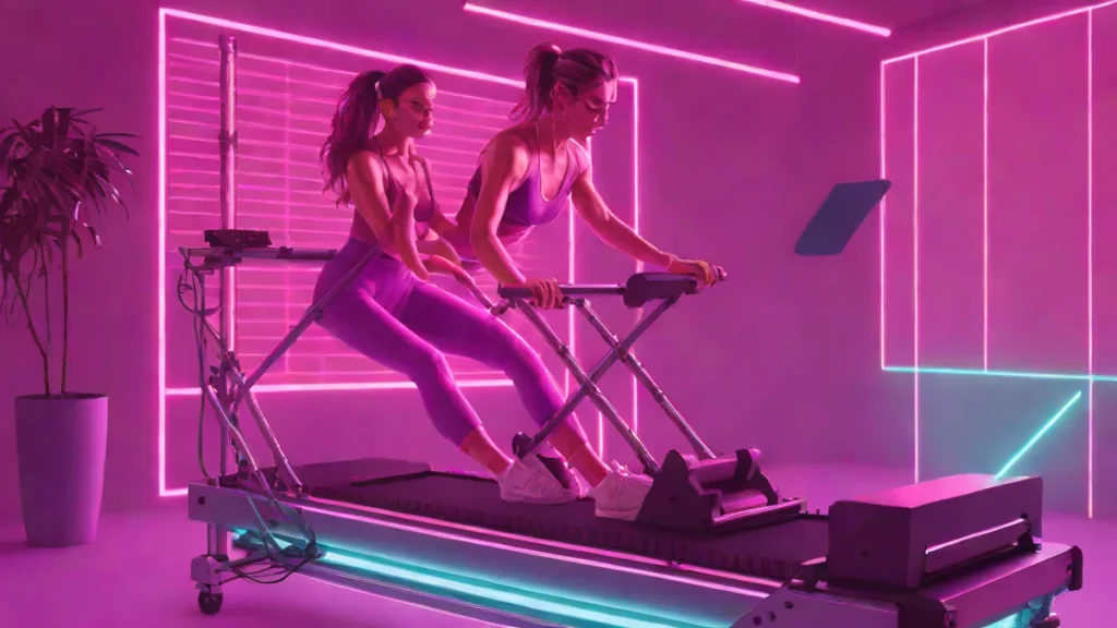 A woman practicing reformer Pilates to improve posture and core strength in a studio.