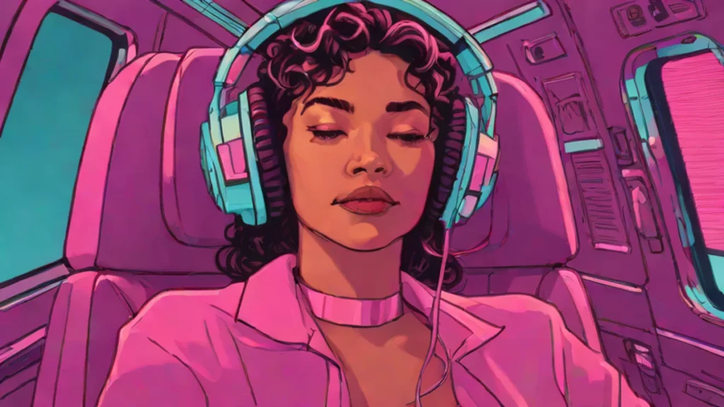 A stylish woman wearing premium noise cancelling headphones while relaxing on a commercial airplane flight.