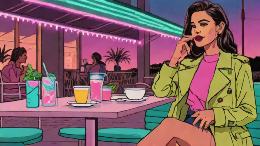 Stylish woman in a trench coat enjoying sparkling water at an outdoor Parisian style cafe.