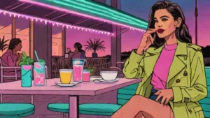 Stylish woman in a trench coat enjoying sparkling water at an outdoor Parisian style cafe.