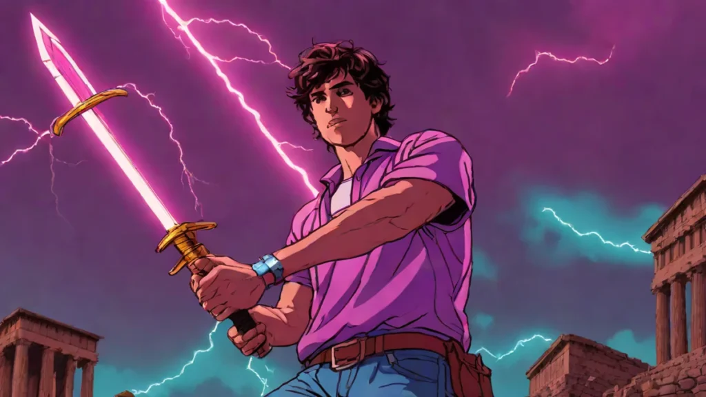 A young demigod hero wielding a magical bronze sword during a dramatic thunderstorm.