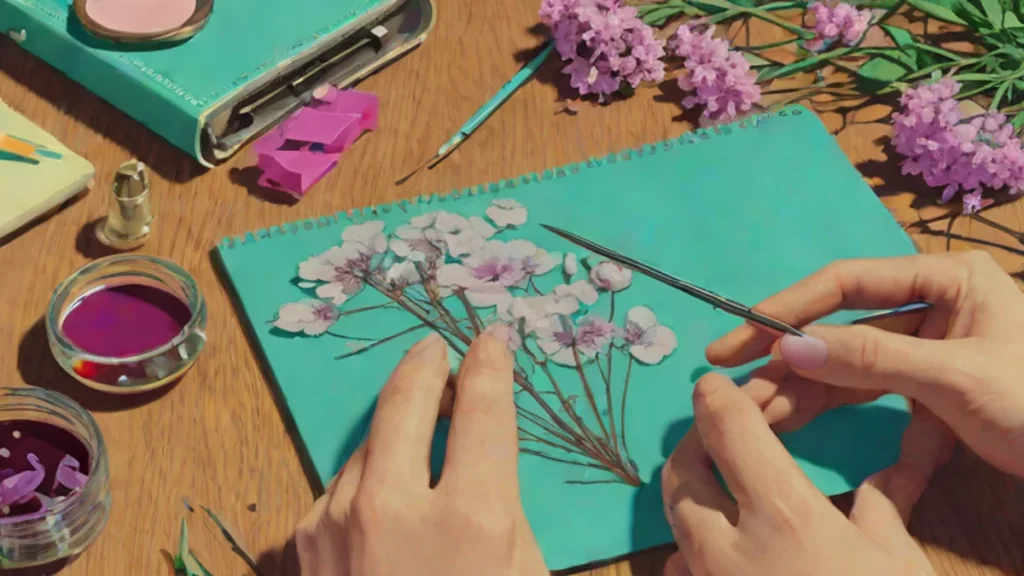 Close up of an adult woman pressing dried flowers into a journal for an analog hobby.