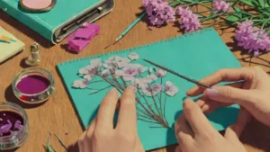 Close up of an adult woman pressing dried flowers into a journal for an analog hobby.