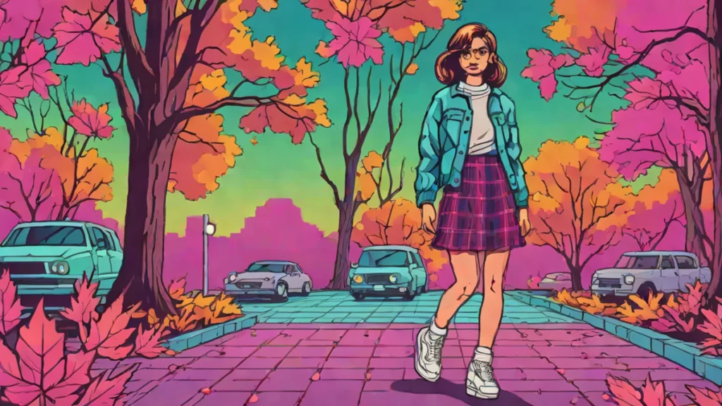 An adult woman wearing a plaid mini skirt and cardigan in an autumn setting.