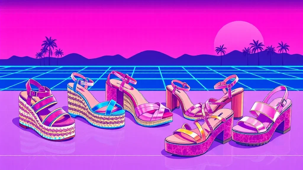 An assortment of stylish platform sandals ranging from wooden wedges to colorful raffia styles.
