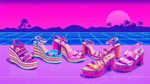 An assortment of stylish platform sandals ranging from wooden wedges to colorful raffia styles.